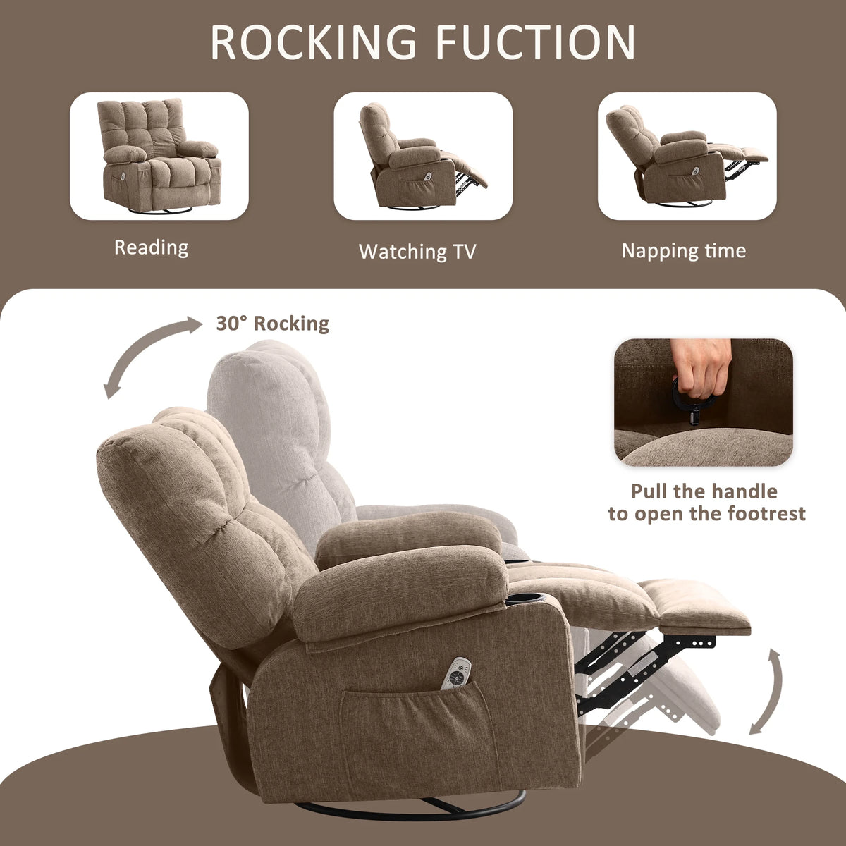JONPONY Manual Recliner Chair with Heat Therapy and Massage Function, Heavy Duty Reclining Mechanism Massage Chair, Elderly Single Rocker Sofa with Cup Holders for Bedroom Home Theater,Grey