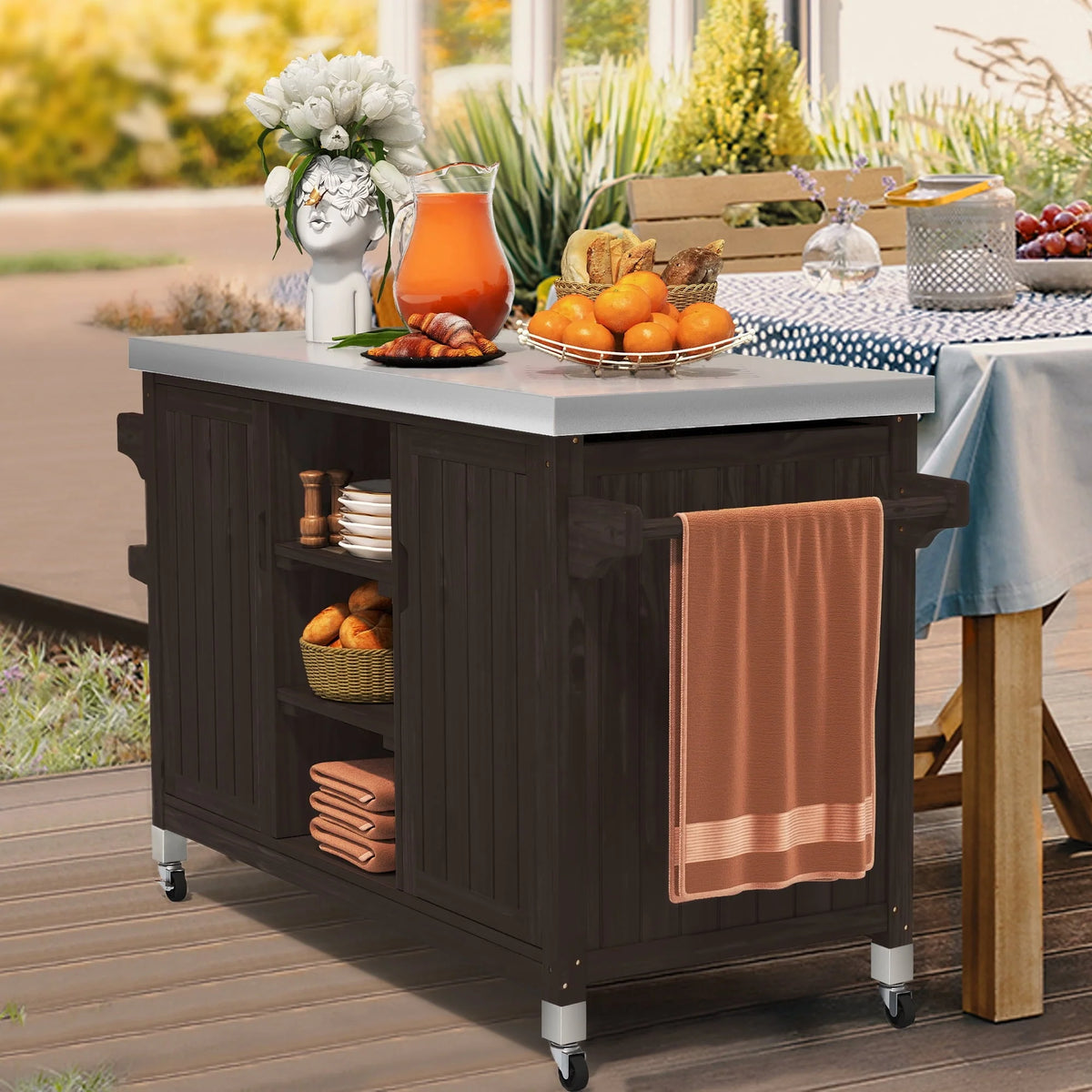 Dextrus XL Solid Wood Outdoor Storage Cabinet - Versatile Movable Outdoor Grill Cart with Stainless Steel Top, Spice Rack, and Side Handle, BBQ Patio Table, Outdoor Small Kitchen Table