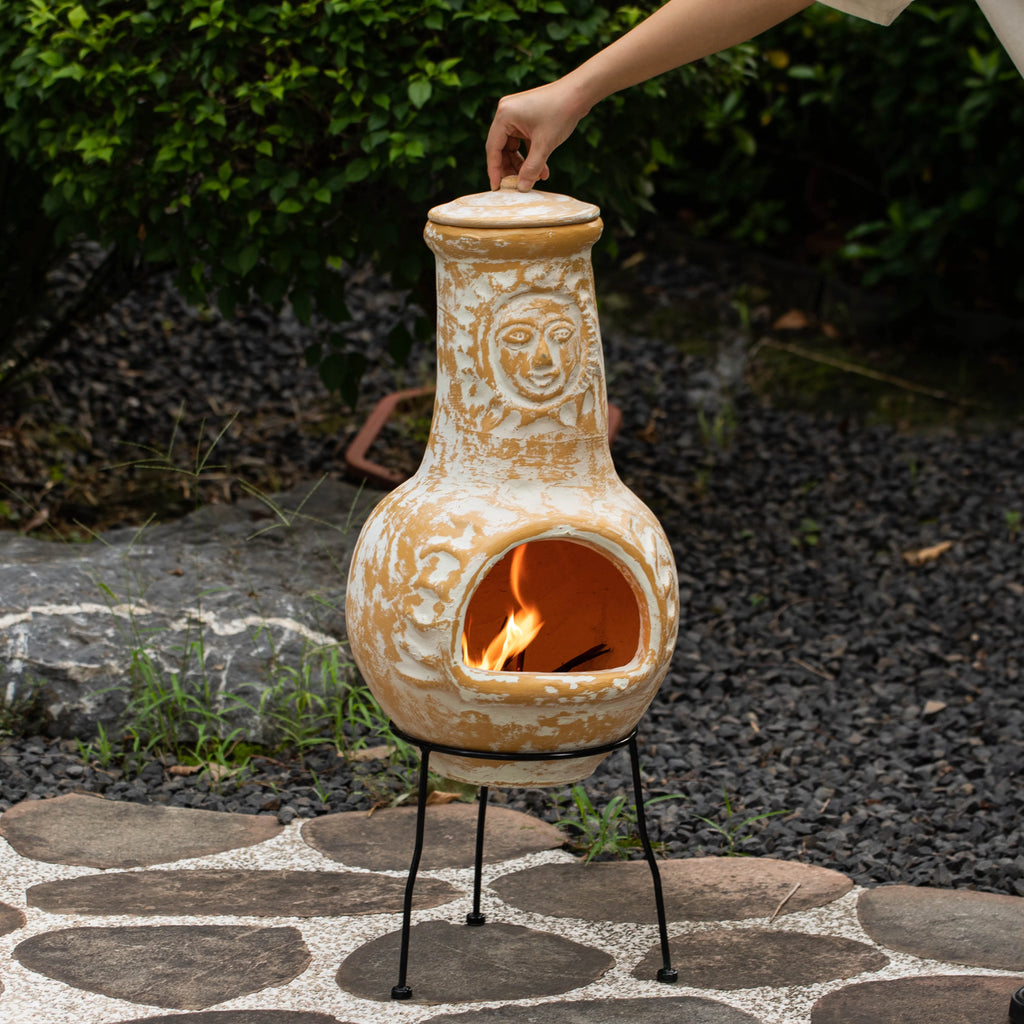 Vintiquewise QI004631.TC Outdoor Clay Chiminea Fireplace Sun Design Wood Burning Fire Pit with Sturdy Metal Stand, Barbecue, Cocktail Party, Cozy Nights Fire Pit, Terra Cotta