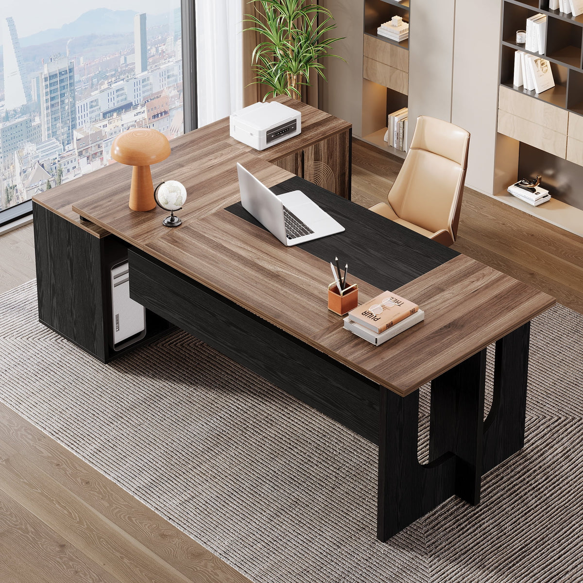 Tribesigns 74.8" Executive Desk, Large L Shaped Computer Desk Office Desk with Cabinet, White and Wood