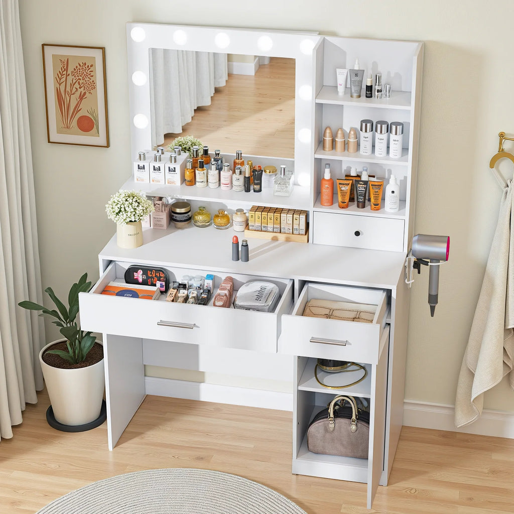 Blorly White Vanity Desk with Mirror, Makeup Vanity Table with LED Lights and Power Outlet, 3 Drawer, 4 Shelves, 1 Cabinet