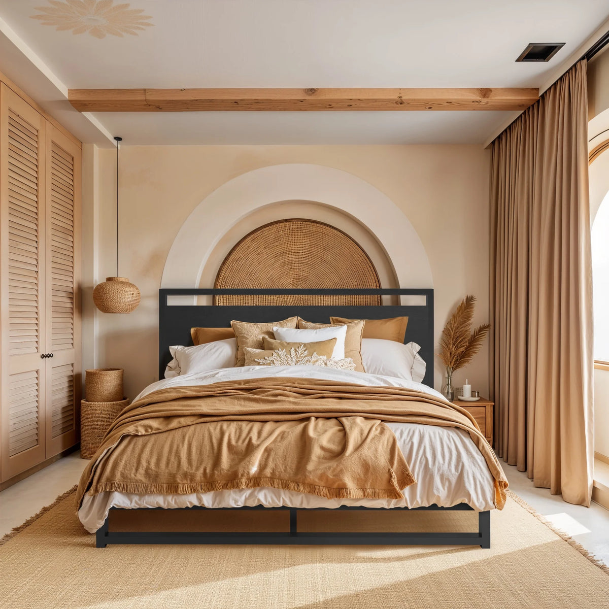 Einfach Full Size Bed Frame with Modern Wooden Headboard,Black,No Box Spring Needed