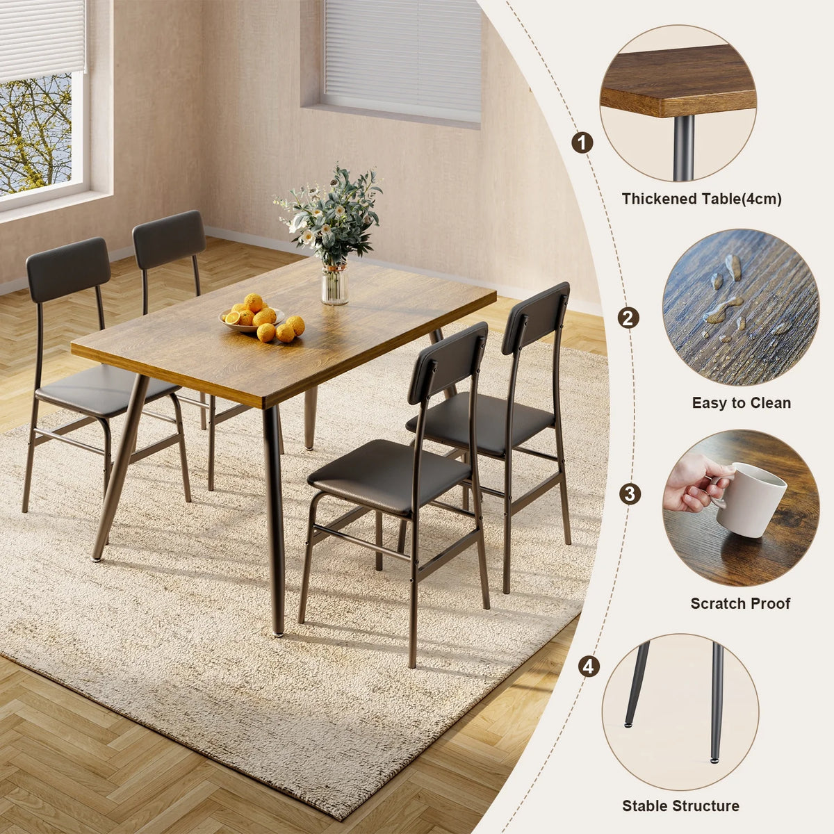 Dining Table Set for 4, Lofka 5 Piecs Kitchen Table and Chairs Set for Dining Room & Kitchen, Black