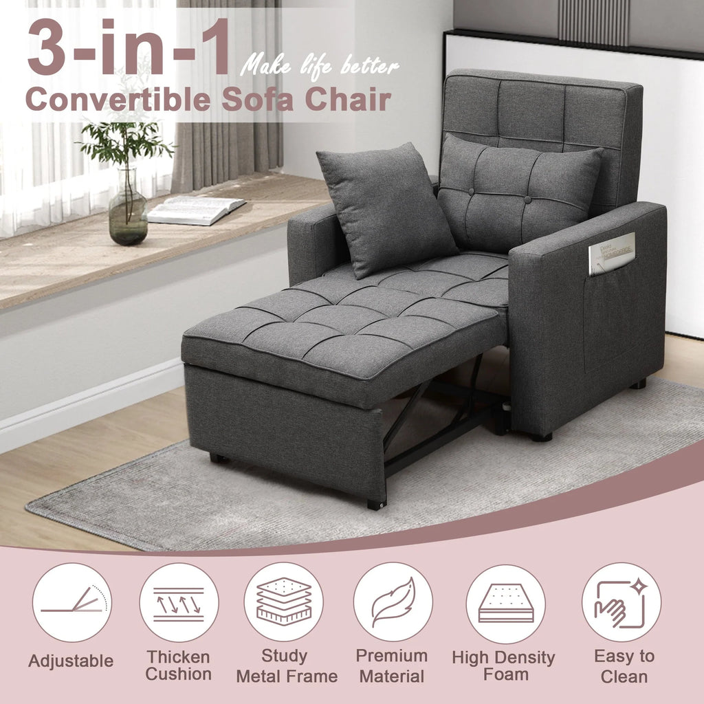Tolead 3-in-1 Convertible Sofa Bed Sleeper Chair with Adjustable Backrest, Gray