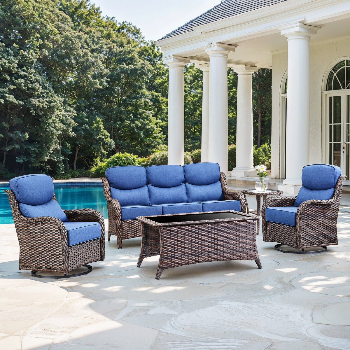 Bellefurn Luxury Outdoor Patio Furniture Set,Swivel Rocker Patio Chairs with 6-inch Thick Cushion,Patio Sofa and Glass Coffee Table,Outdoor Conversation Set for Porch, Deck, Yard