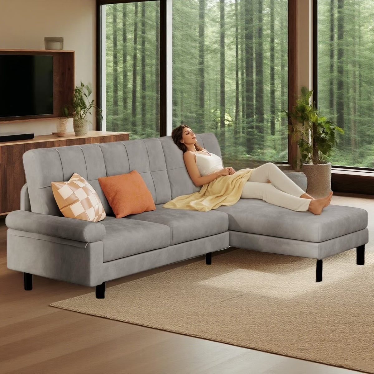 Lofka 82" L-Shaped Couches for Living Room, 3 Seat Convertible Sofa with Soft Velvet, Removable Pillows & Armrests, Thick 5.5" cushions, Dark Gray