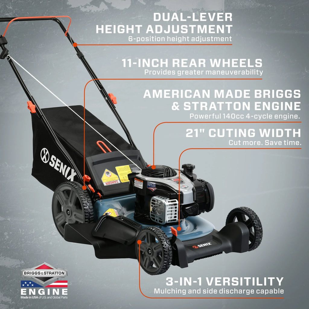 SENIX Gas Lawn Mower, 21-Inch, 140 cc 4-Cycle Briggs & Stratton Engine, 3-In-1 Push Lawnmower, 6-Position Height Adjustment with 11-Inch Rear Wheels, LSPG-M7, Blue