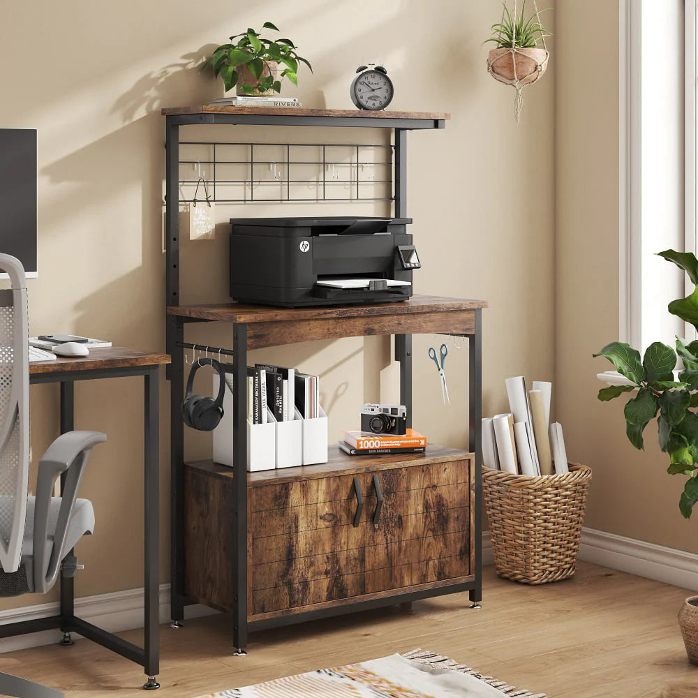 Bestier 3-Tier Baker's Rack with Cabinet, Kitchen Storage Shelves, Microwave Oven Stand, Coffee Bar with Hooks in Rustic