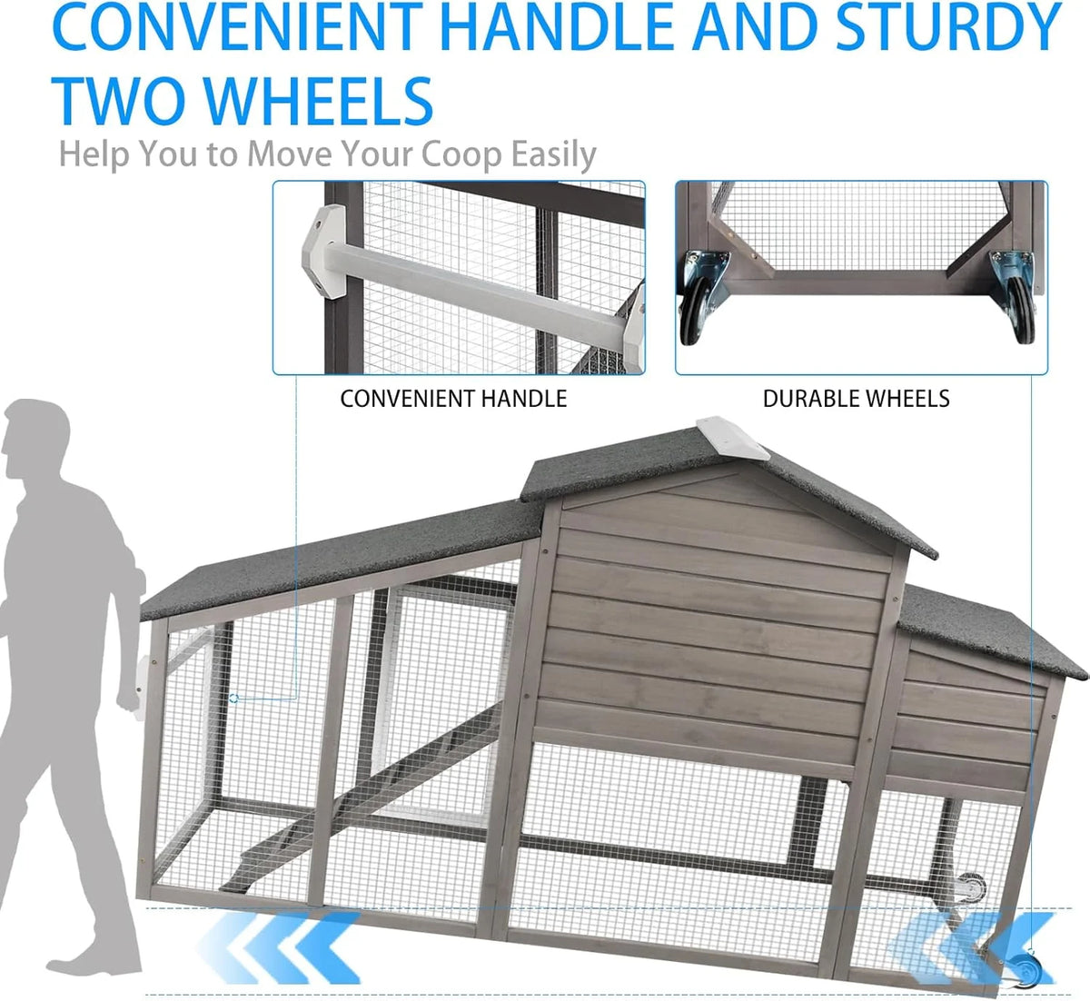 PETSCOSSET Chicken Coop with Run Large Wooden Chicken Tractor with Wheels Waterproof Outdoor Hen House Poultry Cage, Gray