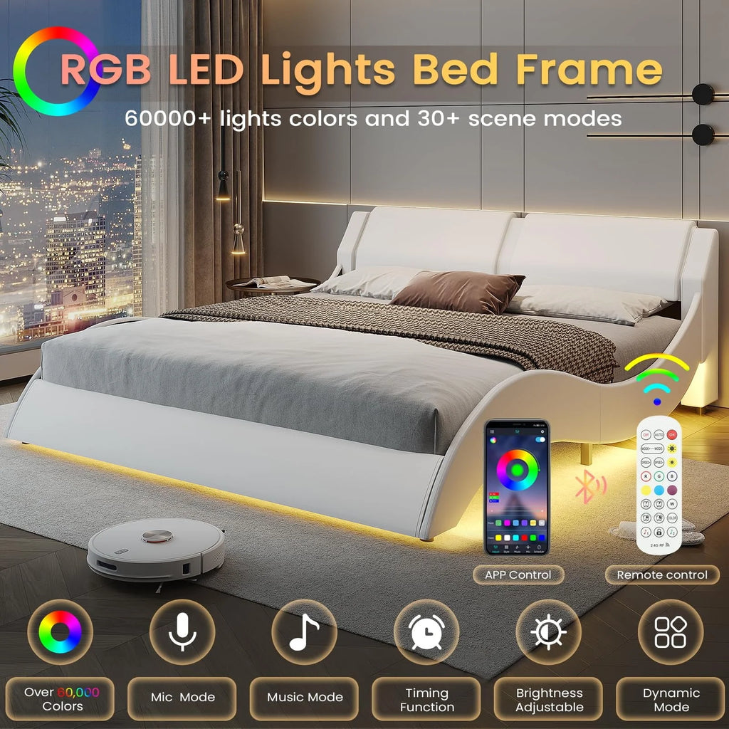 Queen Size Bed Frame with LED Lights,Modern Platform Bed Frame with Upholstered Headboard,Faux Leather Wave Like Low Profile Bed Frame,No Box Spring Needed,Black