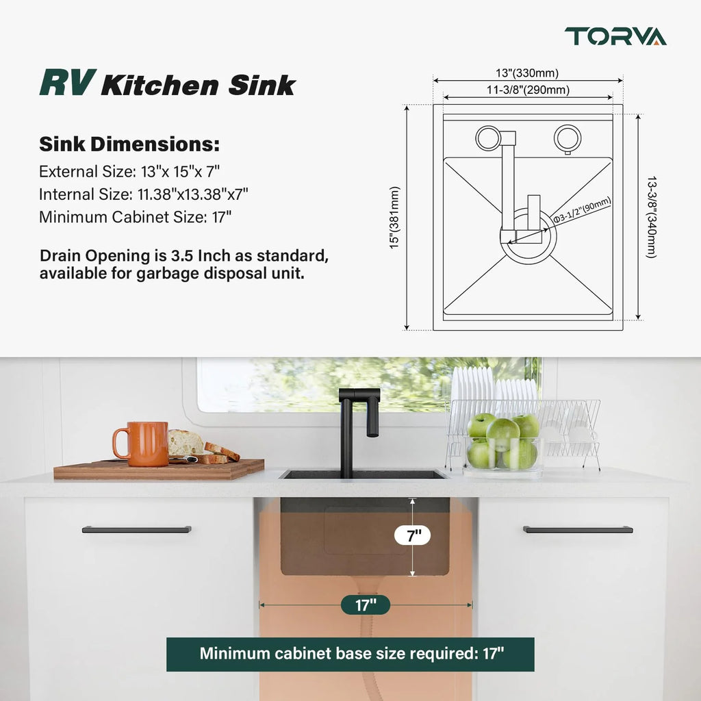 TORVA RV Kitchen Sink, 13 x 15 x 7 Inch Undermount Bar Sink 16 Gauge Stainless Steel Single Bowl Sink with Foldable Faucet Cutting Board, Dark Grey