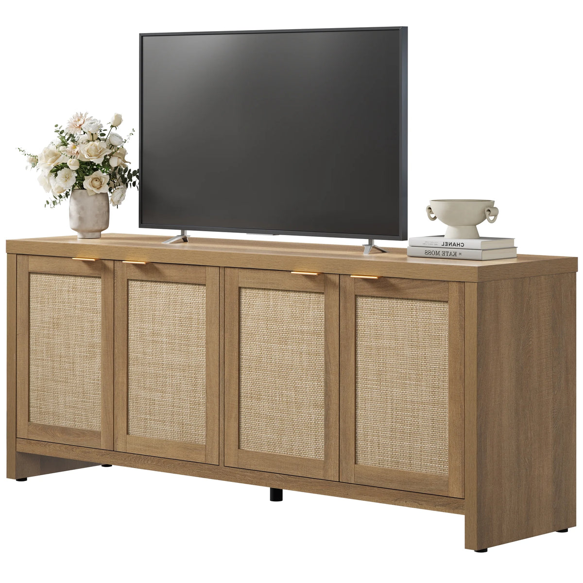 SICOTAS 61.5"W Rattan TV Stand with 4 Doors, Boho Entertainment Center with Adjustable Shelves & Spacious Countertop �C Large Boho Farmhouse Media Console for Living Room, Reclaimed Caramel Oak