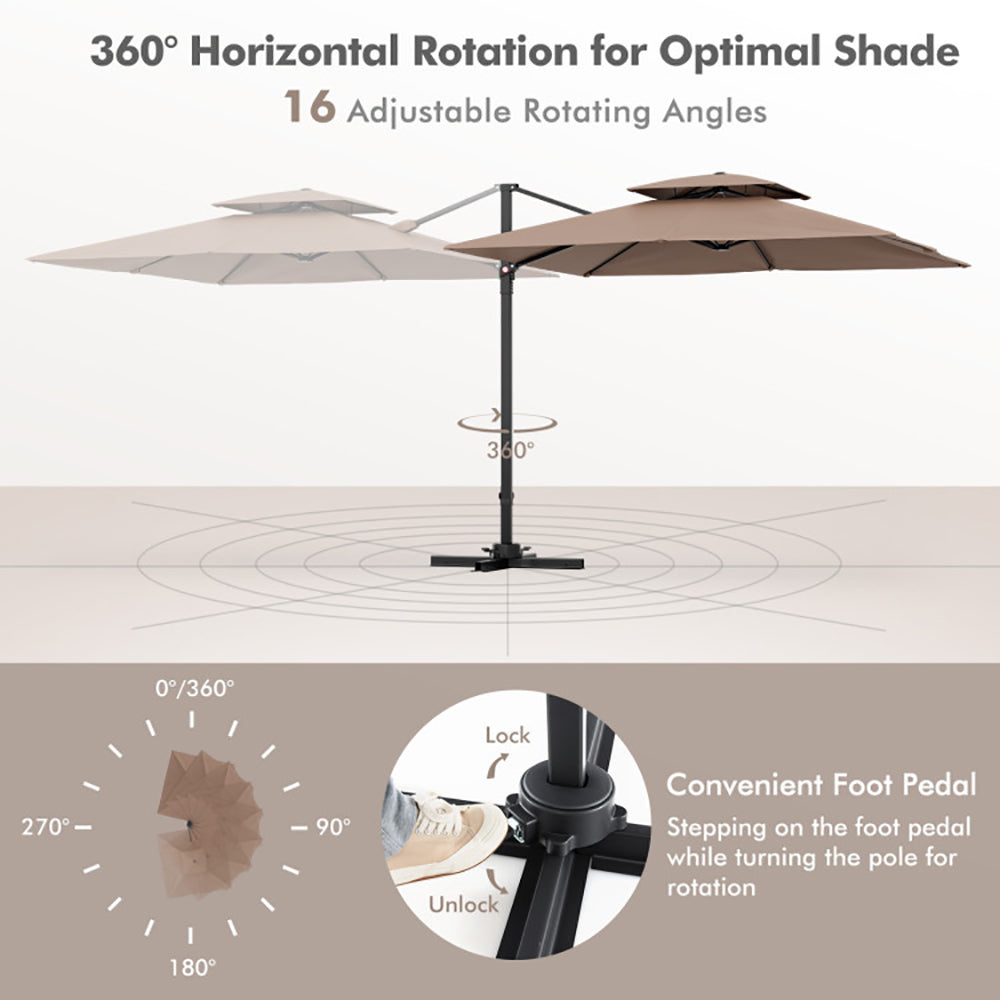 GVN 9.5 Feet Cantilever Patio Umbrella with 360° Rotation and Double Top-Coffee, Patio Offset Umbrella with Easy Tilt Adjustment, Cantilever Patio Umbrellas, Sunshade Umbrella Canopy