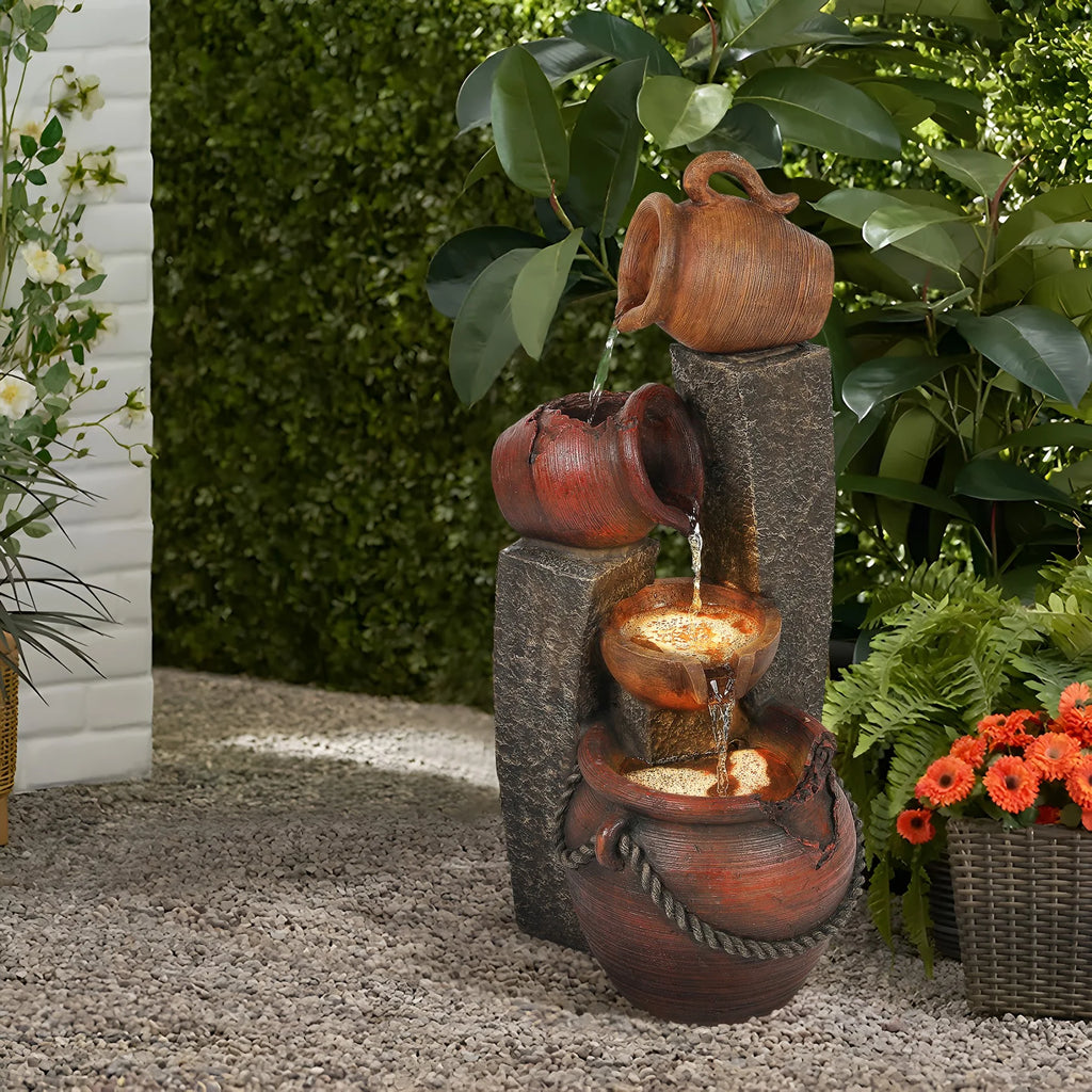 LuxenHome 32 Inch Resin Outdoor Water Fountain with Lights, Farmhouse Outdoor Water Features