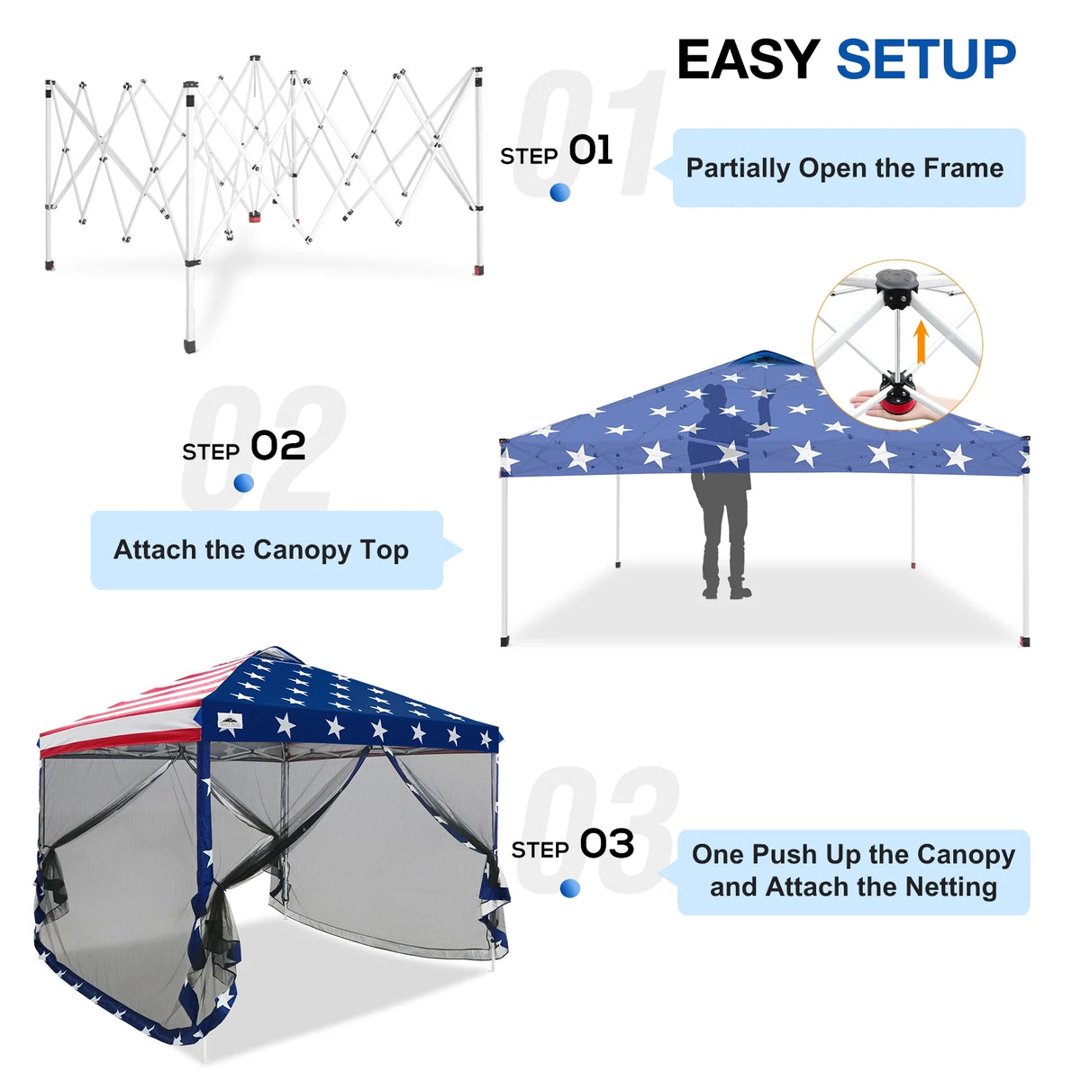 EAGLE PEAK 10 x 10 Outdoor Easy Pop up Canopy with Netting, Instant Screen Party Tent with Mesh Side Walls, American Flag