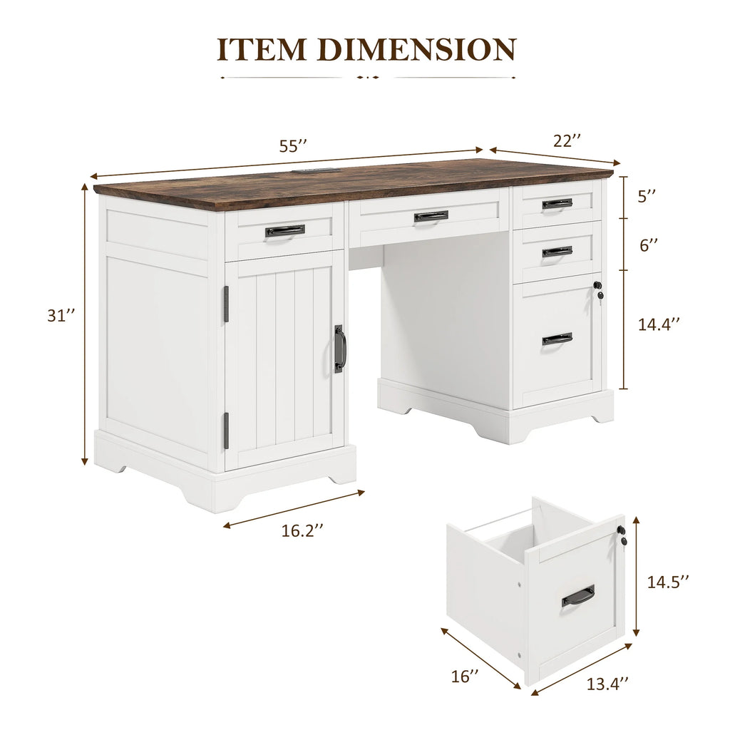 Whalefall 55 in Farmhouse Executive Desk with File Drawer for Adult Home Office, White