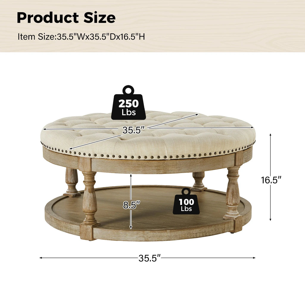 36'' Wide Blue Round Large Ottoman Tufted Coffee Table with Storage Wood Legs Home Living Room