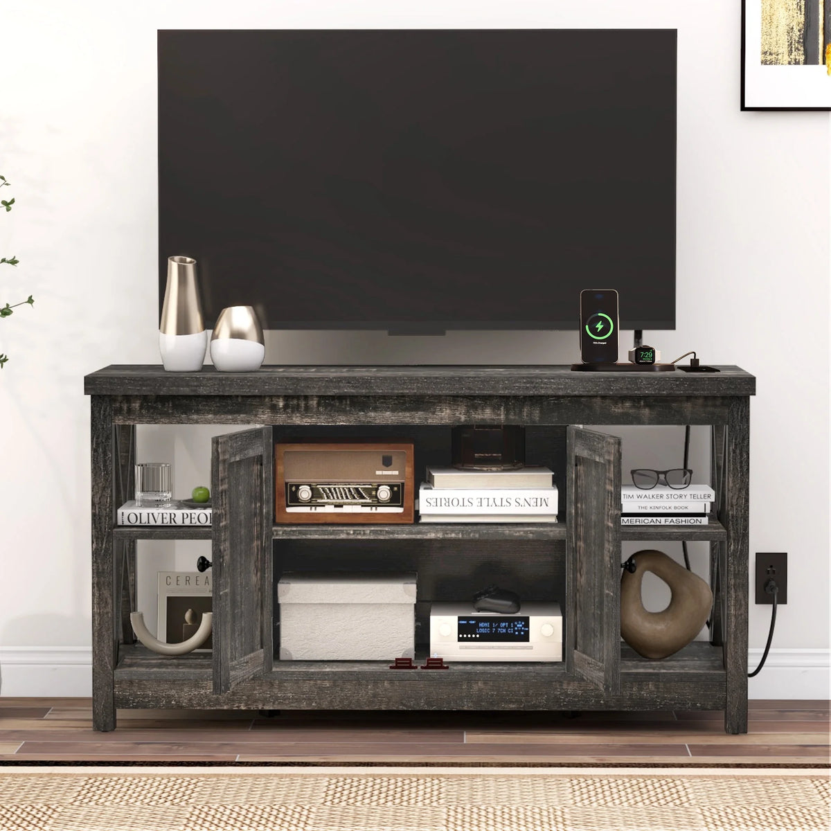 DWVO Farmhouse TV Stand with Built in Power Outlet, Entertainment Center with Storage, Wood TV Media Console for Living Room, White
