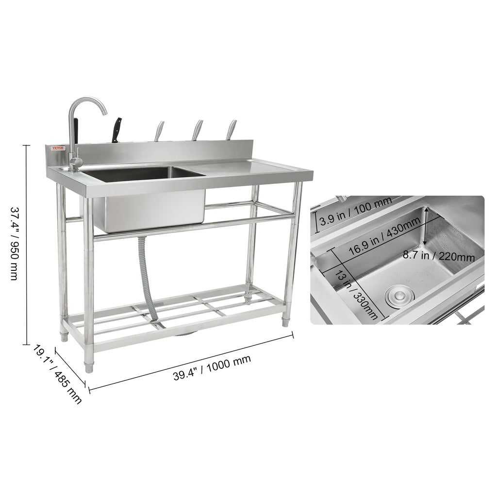 VEVOR Stainless Steel Utility Sink, 1 Compartment Free Standing Small Sink w/Workbench Faucet & legs, 39.4 x 19.1 x 37.4 in Commercial Single Bowl Sinks for Garage, Restaurant, Laundry,NSF Certified