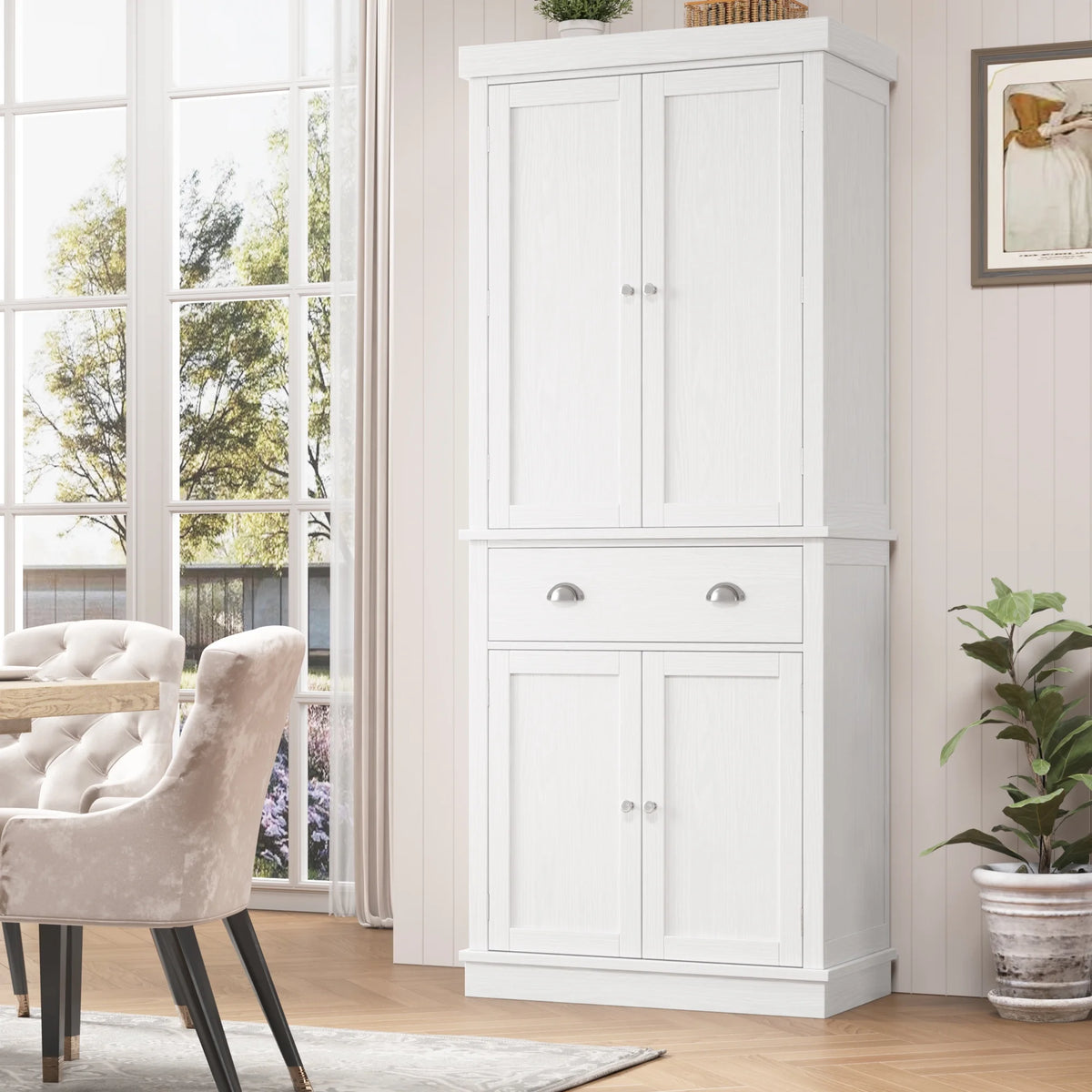 Homfa 72.4'' Tall Kitchen Pantry with 4 Doors, Large Drawer Shelves Wood Pantry Storage Cabinet for Dining Room Living Room, White