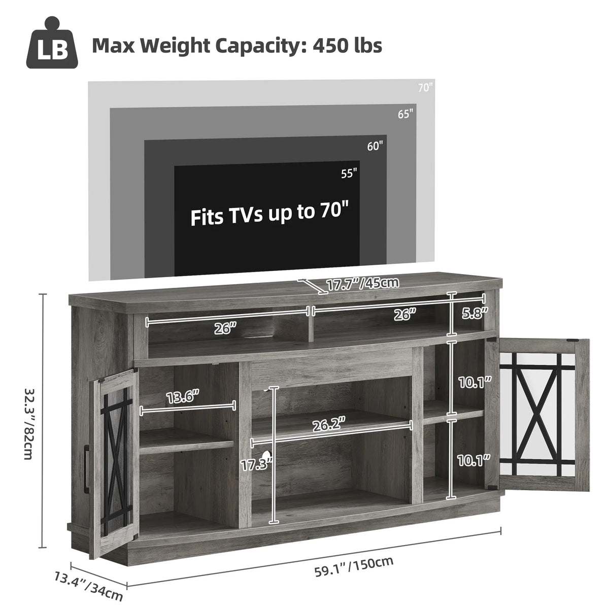 Dextrus TV Stand with LED Lights for TVs up to 70", Entertainment Center Media Console Cabinet with Glass Door, Rustic Gray