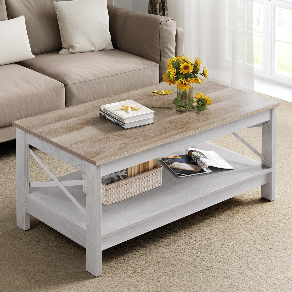 Moasis Farmhouse Coffee Table with Storage 2-Tier Center Table for Living Room Grey Wash Top+White