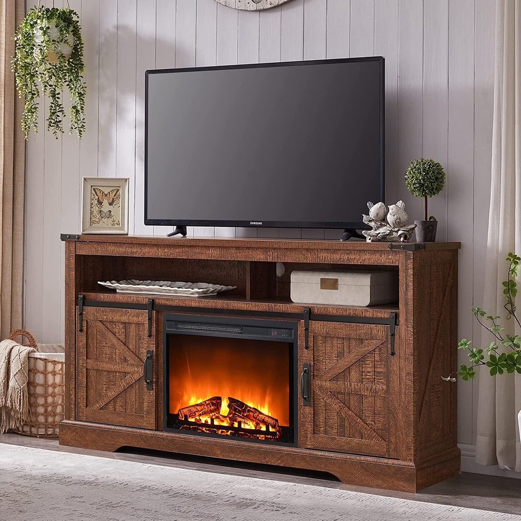 OKD Farmhouse Fireplace TV Stand up to 70", Entertainment Center with 23" Fireplace & Open Storage Shelves for Living Room, Antique White