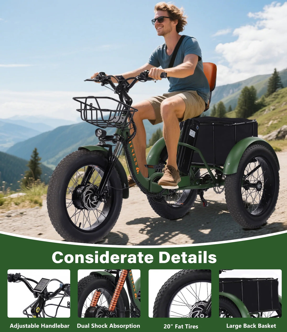 YEBEI Electric Tricycle for Adults Folding E-Trike Motorized Tricycle Electric 3 Wheels Trike Powerful 500W Motor Electric Tricycle 48V15AH Lithium Battery Max 20MPH 20*4.0” Fat Tire Orange