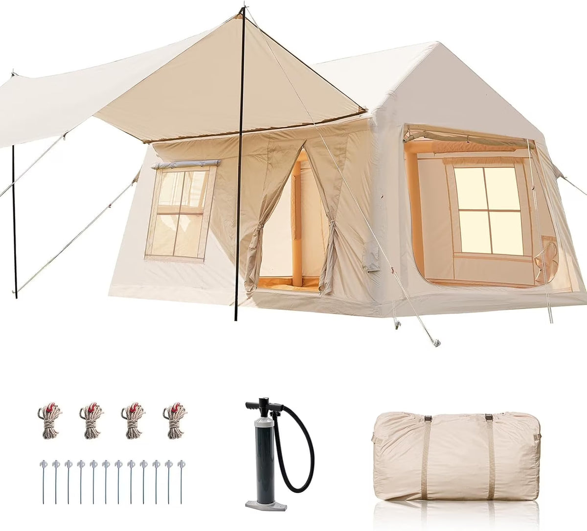 Inflatable Tents for Camping, Blow Up Tent with Canopy, Easy Setup Inflatable Camping Tent with Stove Jack, Waterproof Oxford Air Glamping Tents for Camping Adult 8-10 Person