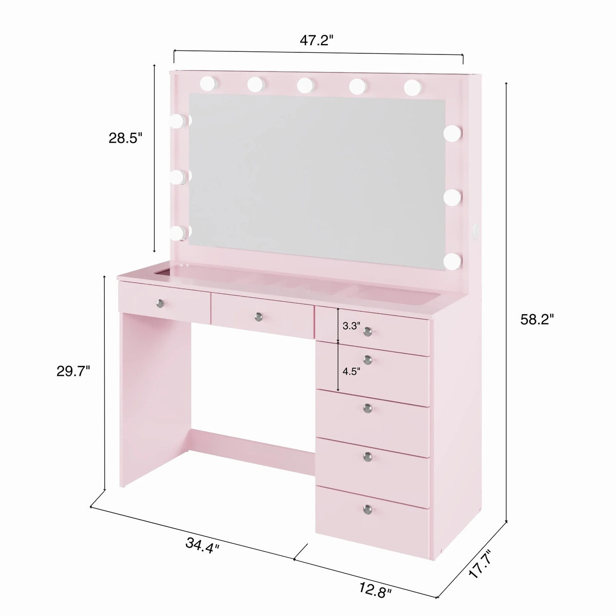 Ember Interiors Modern Large Greige Makeup Vanity Desk with Built-in Lights, Power Outlet with USB Type-C, Glass Top, 7 Drawers and Crystal Knobs