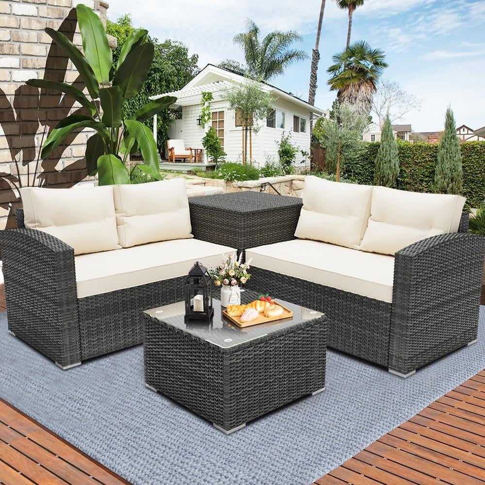SEGMART 4 Piece Patio Furniture Set, All-Weather Outdoor Sectional Sofa Set, PE Rattan Conversation Set with Storage Box, Table & Cushions, Wicker Furniture Couch Set for Patio Deck Garden
