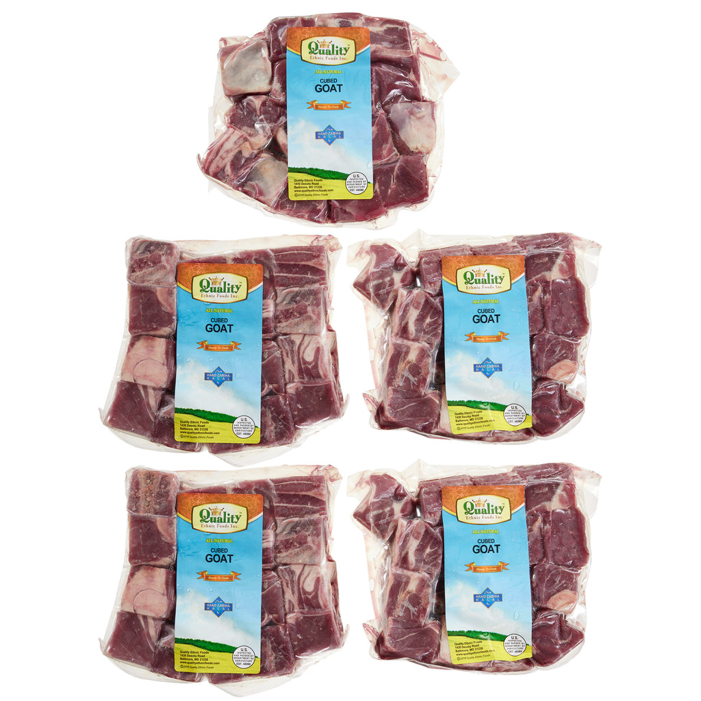 Quality Ethnic Foods Halal Goat Cubes, (5/2.2 Lbs. Per Bag), Total 5 Packs, Total 11 Lbs.