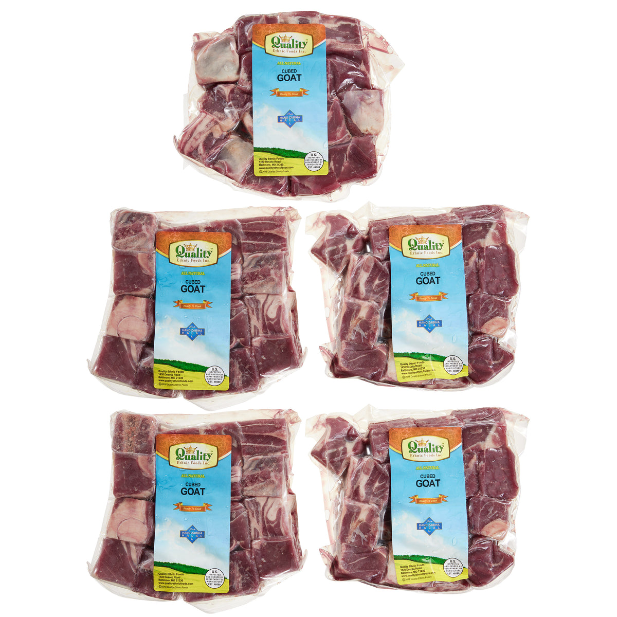 Quality Ethnic Foods Halal Goat Cubes, (5/2.2 Lbs. Per Bag), Total 5 Packs, Total 11 Lbs.