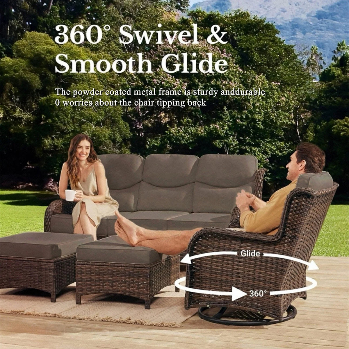 Bellefurn Luxury Outdoor Patio Furniture Set,Swivel Rocker Patio Chairs with 6-inch Thick Cushion,Patio Sofa and Glass Coffee Table,Outdoor Conversation Set for Porch, Deck, Yard