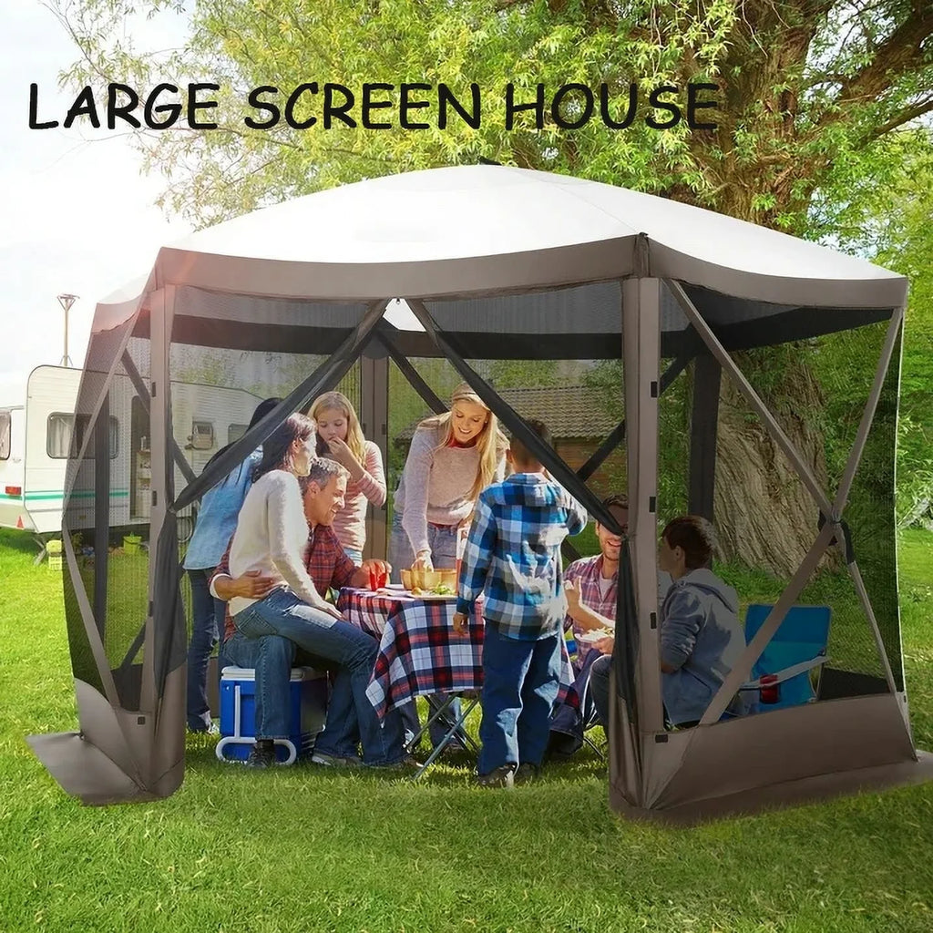 COBIZI 12'x12' Pop-up Gazebo Outdoor Camping Tent with 6 Sides Mosquito Netting, Waterproof, UV Resistant, Portable Screen House Room, Easy Set-up Party Tent with Carry bag, Ground Spike, Brown
