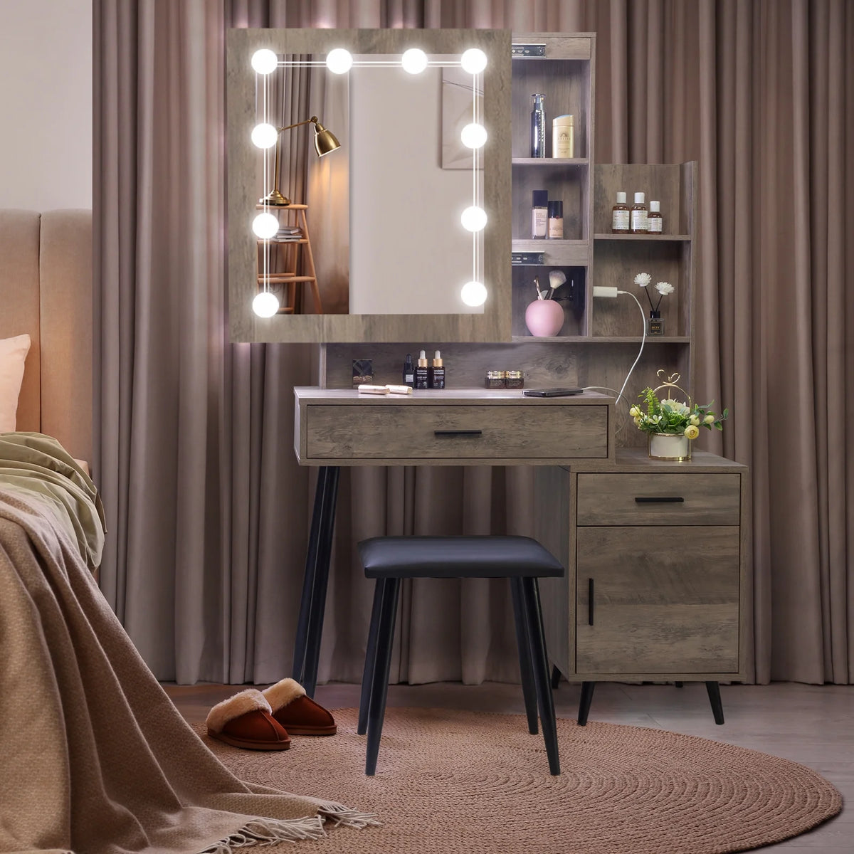 Kadyn Vanity Desk with Lighted Mirror, Vanity Table and Chair Set with 2 Drawers, Dressing Table Makeup Desk with 1 Door, Retro Gray