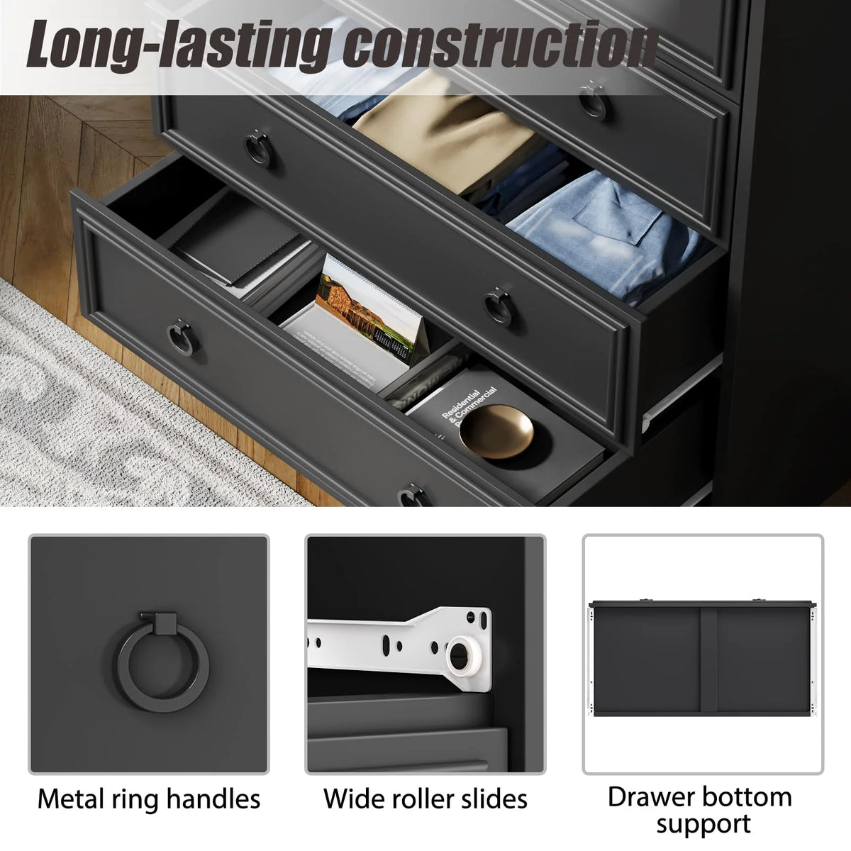 Duerer Modern Drawer Dresser for Bedroom, Living Room, Hallway, Dresser Chest with 4 Drawers, Black