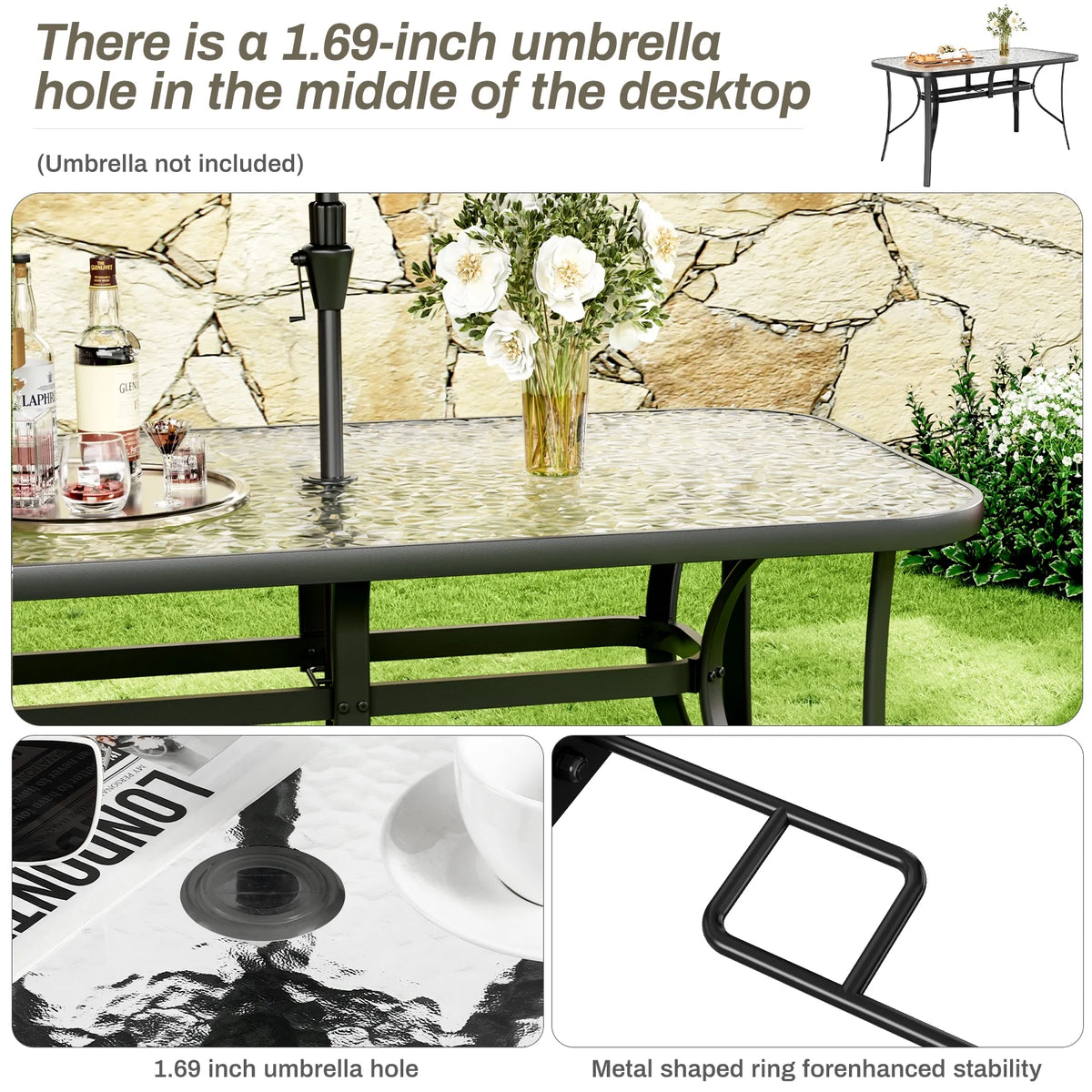 Arlopu Patio Rectangular Tempered Glass Dining Table, All-Weather Use, Outdoor Table for Garden & Backyard