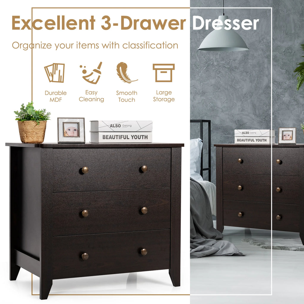 Gymax 3 Drawer Dresser Chest of Drawers Bedside Table for Living Room Bedroom Espresso