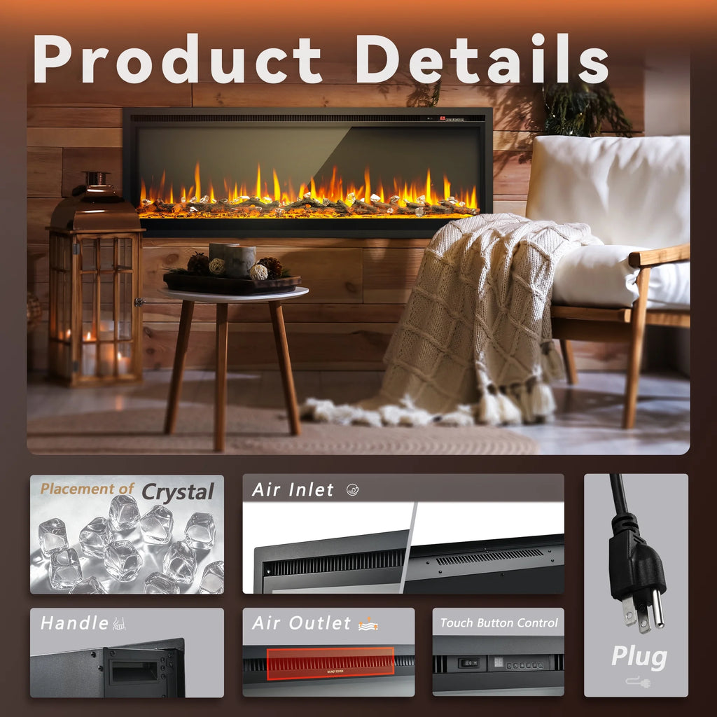 Simzlife 50 inch Indoor Electric Fireplace, Wall Mounted Recessed Freestanding Fireplace with Remote Control, Fireplace Heater with Adjustable Flame Color, Linear Fireplace with Timer