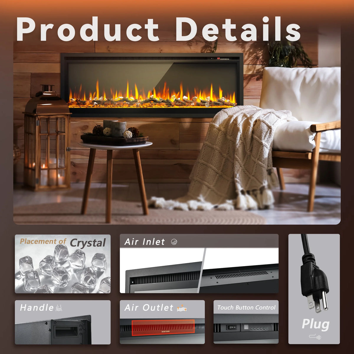 Simzlife 50 inch Indoor Electric Fireplace, Wall Mounted Recessed Freestanding Fireplace with Remote Control, Fireplace Heater with Adjustable Flame Color, Linear Fireplace with Timer