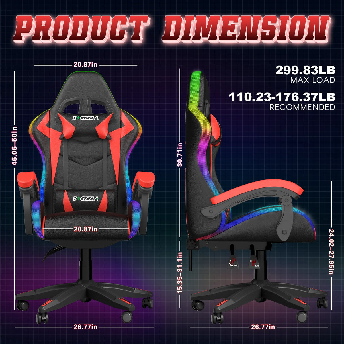Bigzzia Gaming Chair with LED Lights Ergonomic Office Chair for Adults and Kids - Adjustable Height, 360�� Swivel, Headrest Support, Mesh PU Leather, Black & Green