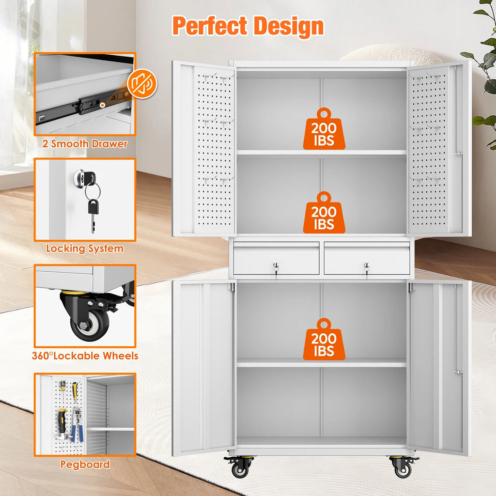SUPEER 71" Metal Storage Cabinets with Wheels and Pegboards, Industrial Cabinet with 2 Drawers and 2 Adjustable Shelves,, Assembly Required