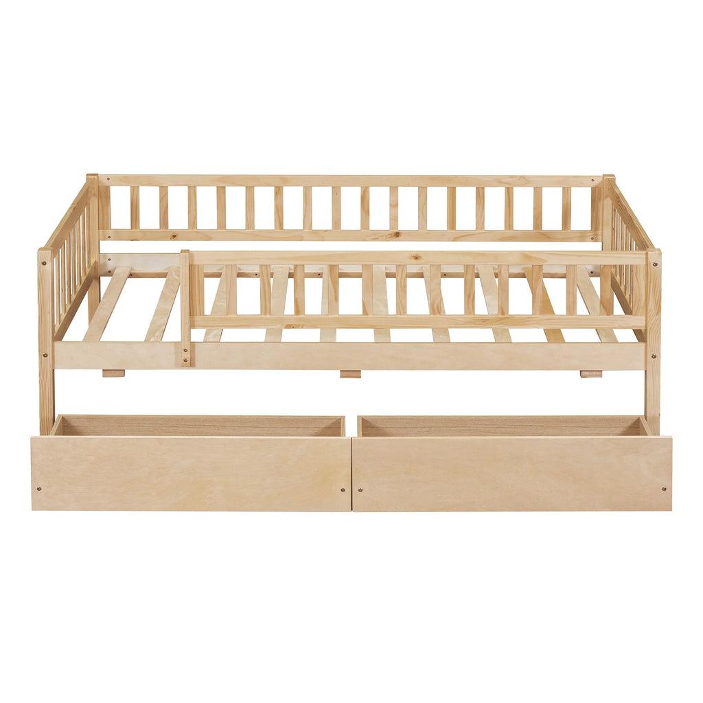 Holaki Twin Size Wood Bed with Guardrails and 2 Storage Drawers for Kids, Gray
