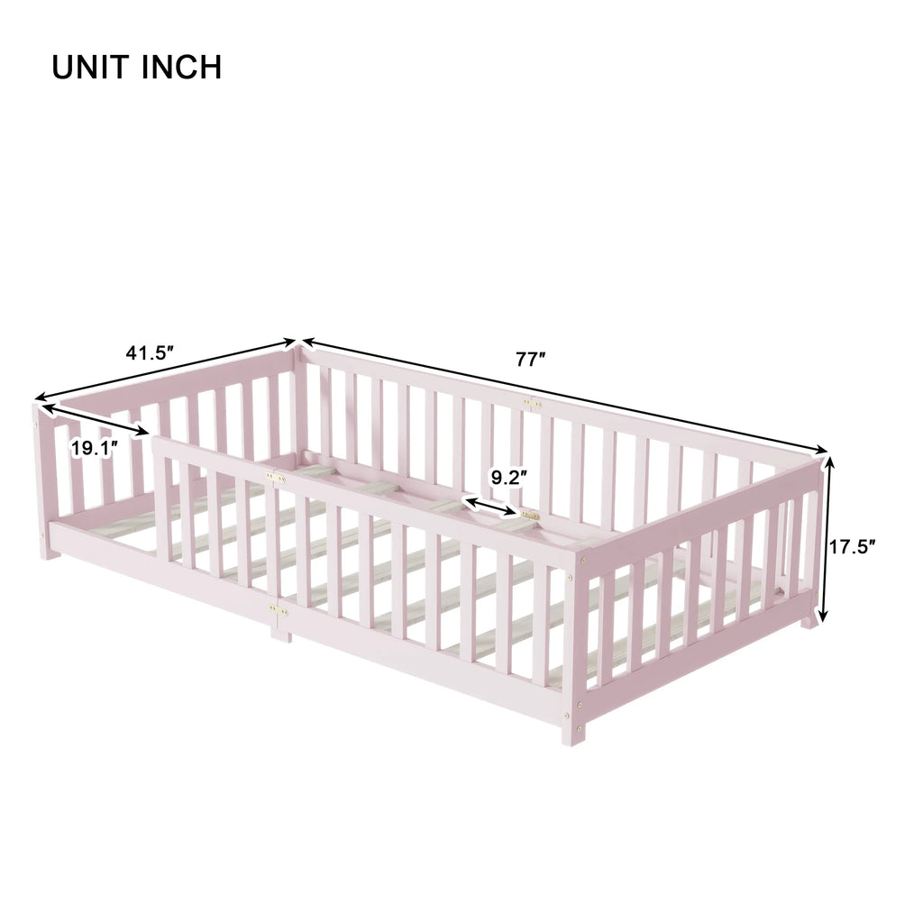 Miniyam Wooden Twin Size Floor Bed with Safety Fence for Kids, Natural