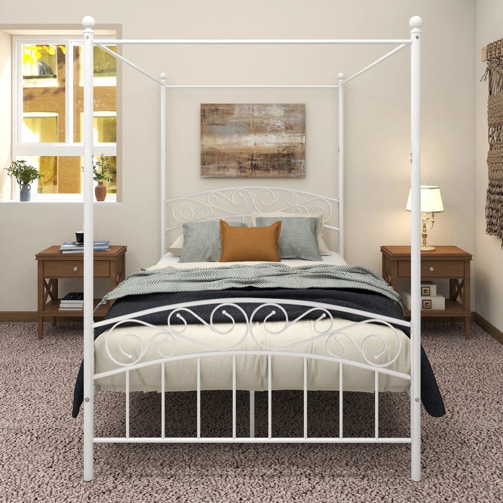 Canopy Bed Frame Full with Headboard and Footboard, White Canopy Bed with Center Support Legs, 4 Poster Bed Frame Platform Bed Frame, Easy to Assemble