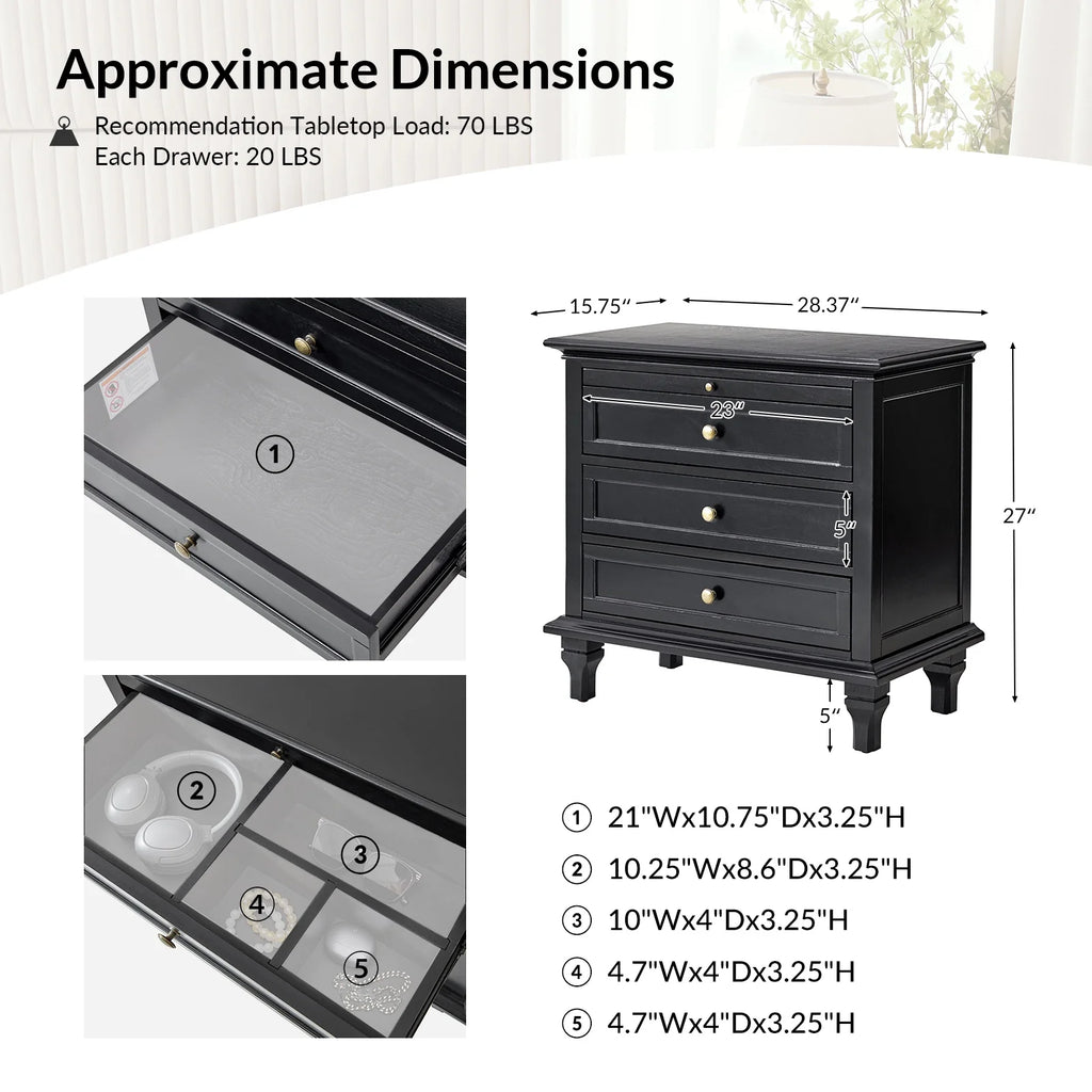 Farmhouse 3 Drawers Nightstand with Tray Bedside Table with Charging Station Acorn