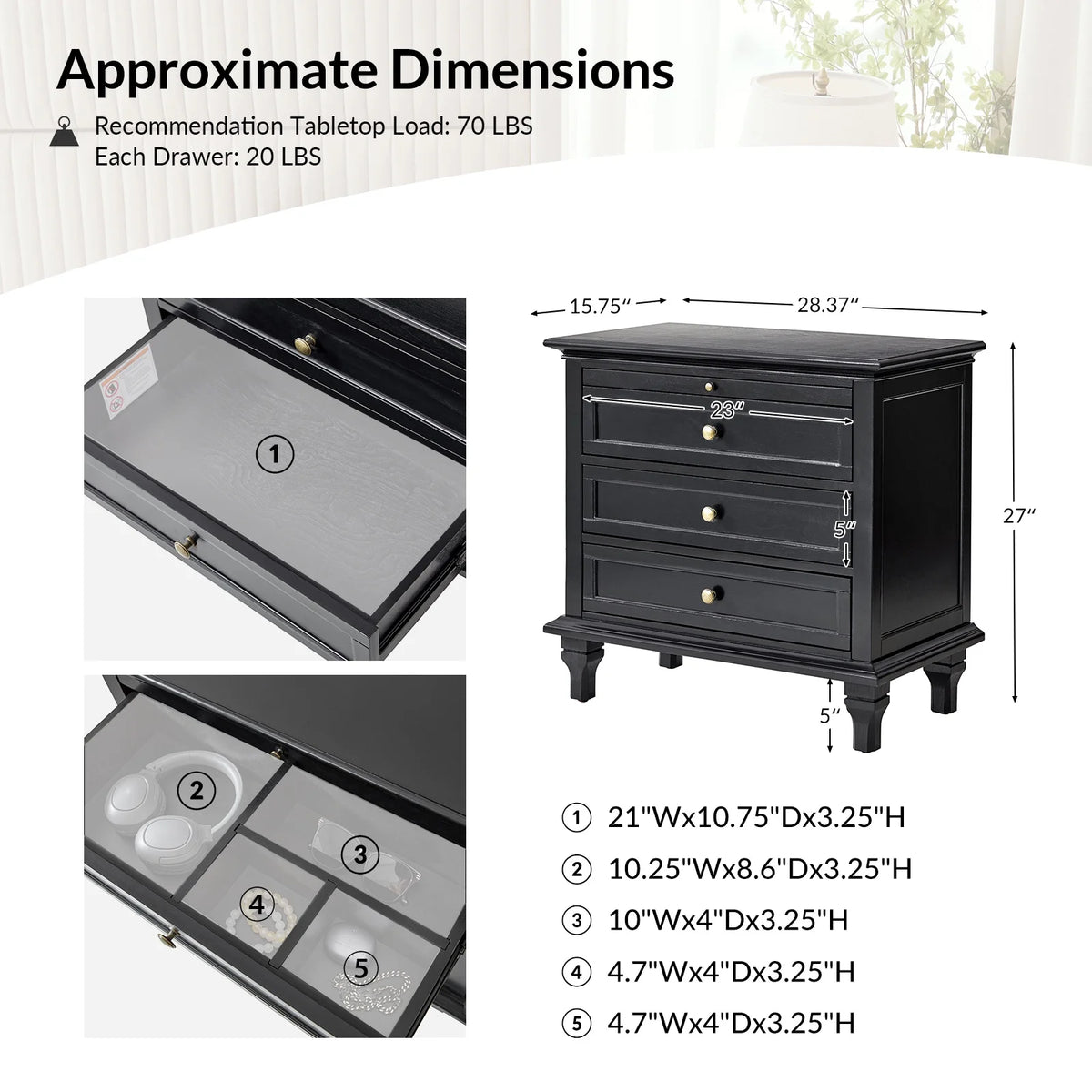 Farmhouse 3 Drawers Nightstand with Tray Bedside Table with Charging Station Acorn