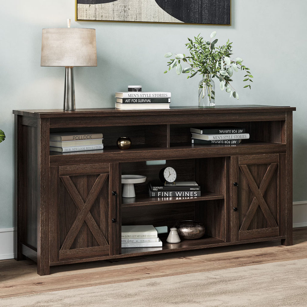 BELLEZE 58 Inch TV Stand, Contemporary Entertainment Center for TVs up to 65", Wood Media Console Table with Two Open Shelves and Barn Door Cabinets - Corin (White)