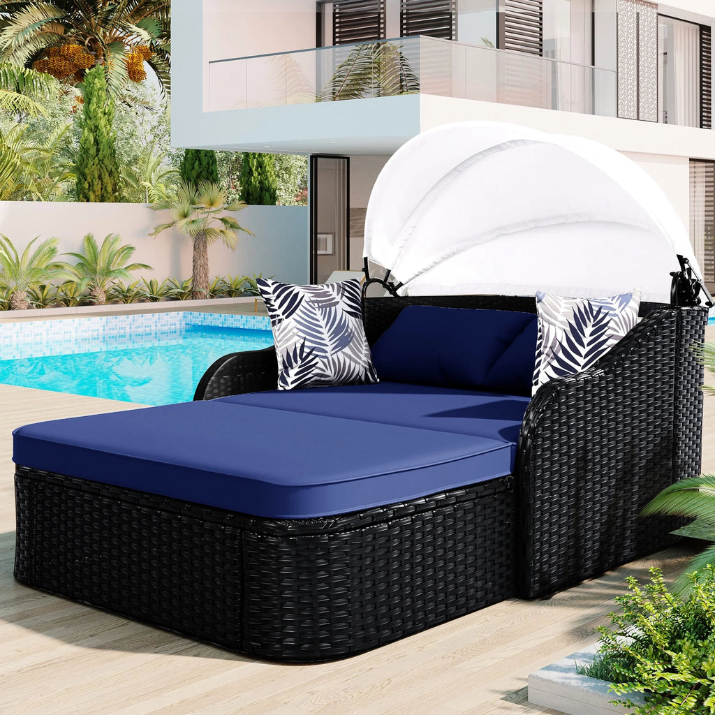 Outdoor Sun Lounger With Adjustable Canopy And Relaxing Pillow - Pe Black Blue Cushion 79.9" Daybed Cozy